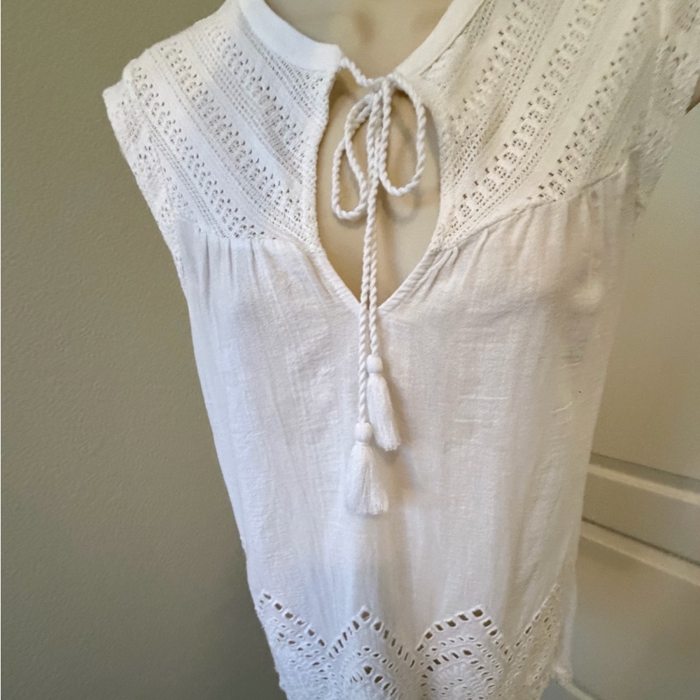 Lucky Brand Crochet Tassels Top Women's XS White Bohemian Sleeveless